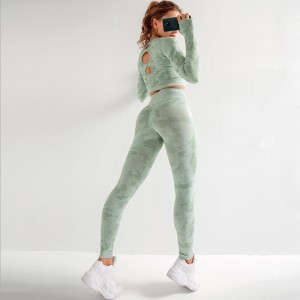 Camouflage yoga sport tight suit kører hurtigtørrende åndbar udhulet sømløs yogadragt